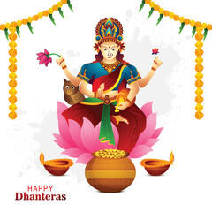 Illustration of happy dhanteras gold coin in pot with maa lakshmi celebration background