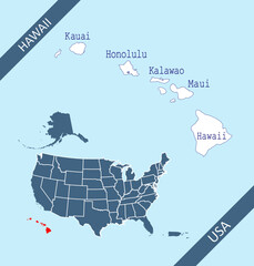 Fototapeta na wymiar Hawaii counties labeled on USA map