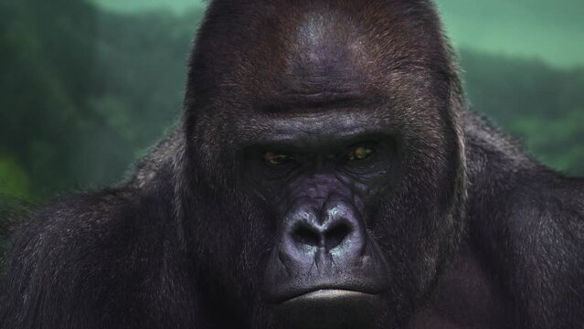 Closeup portrait of gorilla male, severe silverback, watching his somewhere family. Menacing expression of great ape, most dangerous and huge monkey. High quality 8k footage filmed on Nikon Z9 camera