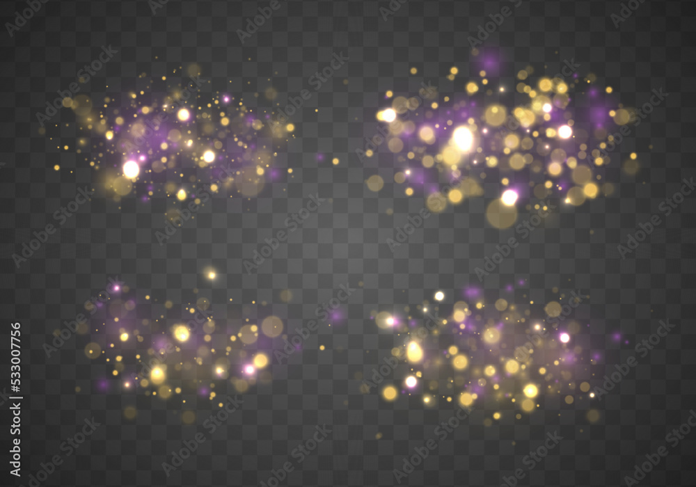 Poster christmas blur concept. festive purple and golden luminous background. the dust sparks and golden st