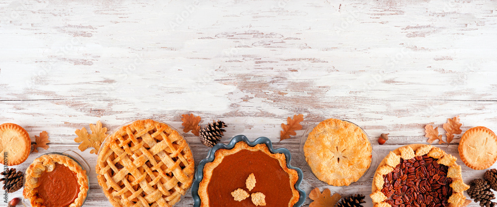 Poster assortment of homemade fall pies. pumpkin, apple and pecan. top down view bottom border on a white w