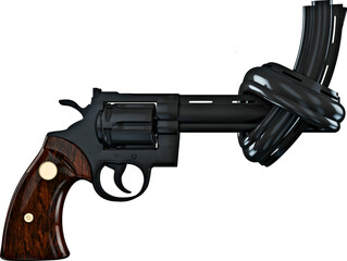 Gun with barrel tied in a knot for gun control concept on transparent background. 
