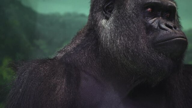 Closeup portrait of gorilla male, severe silverback, watching his somewhere family. Menacing expression of great ape, most dangerous and huge monkey. High quality 8k footage filmed on Nikon Z9 camera