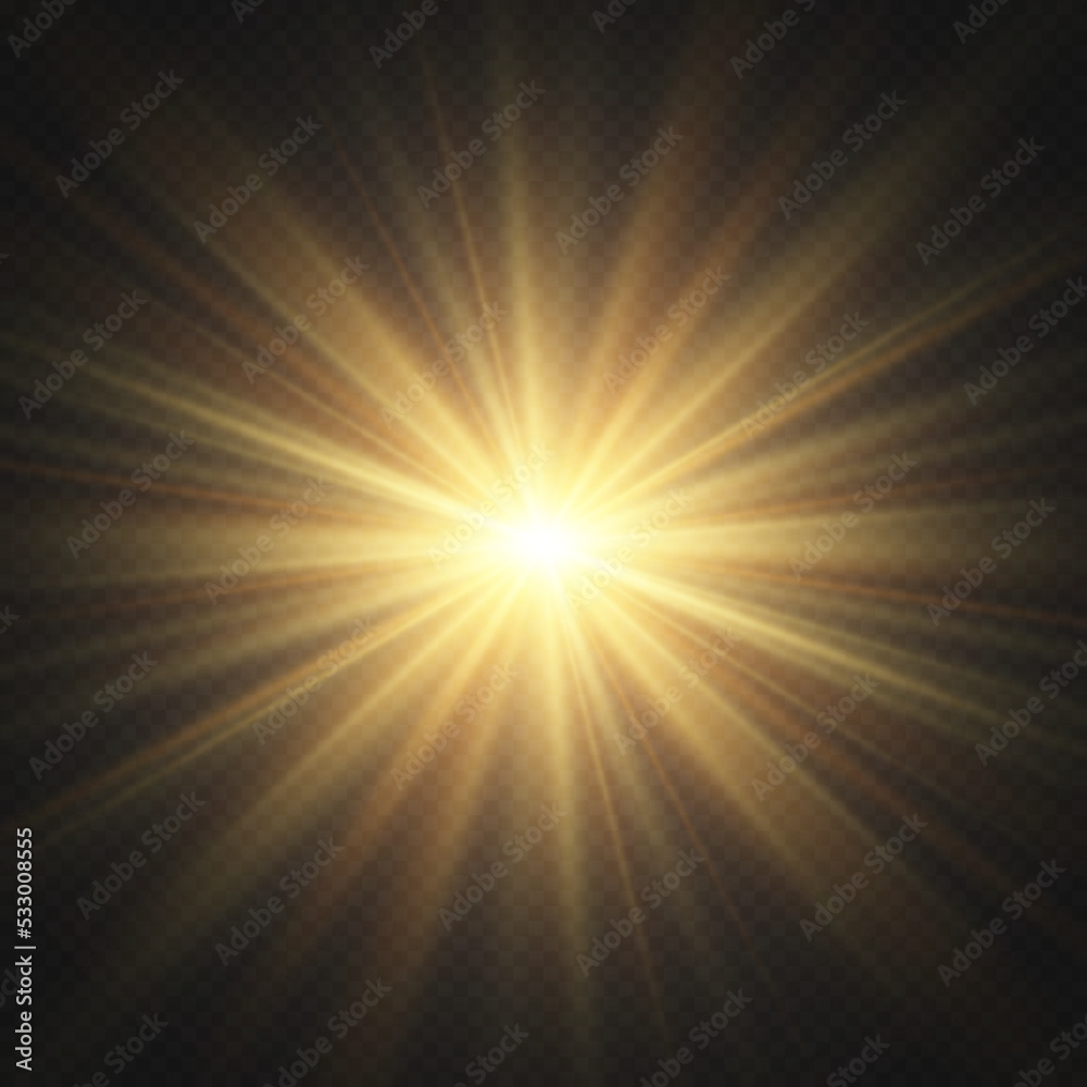 Poster Flare with golden rays of light and magic sparkles. Bright star spark. Abstract yellow rays will raise. Transparent glitter gradient gloss, bright flash. Gold shining sun with sparkle rays. Vector.	