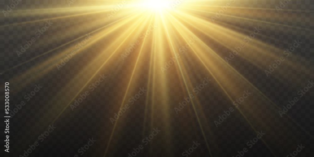 Aufkleber realistic yellow glowing light explodes on transparent background. sunlight with gold rays. blur in 