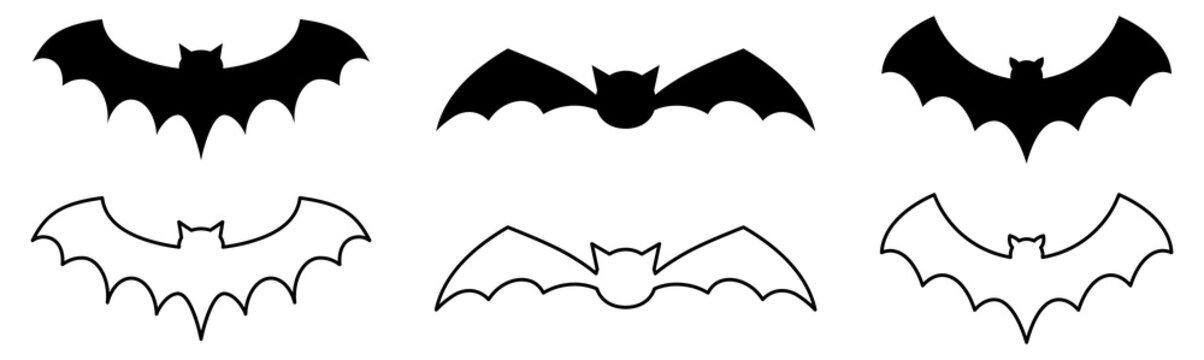 Set of bat icons. Flat and line art style. Halloween symbol. Vector illustration isolated on white background