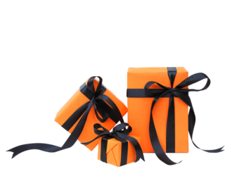 The Halloween gift box has an orange color with a black bow isolated on a transparent background.