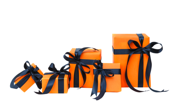 The Halloween gift box has an orange color with a black bow isolated on a transparent background.