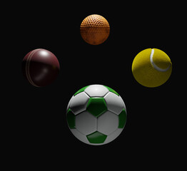 A 3d render of four sports balls, golf, cricket, tennis and football. - 533009367