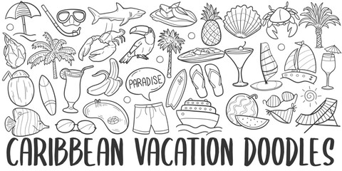 Caribbean Doodle Icons. Hand Made Line Art. Summer Vacations Clipart Logotype Symbol Design.