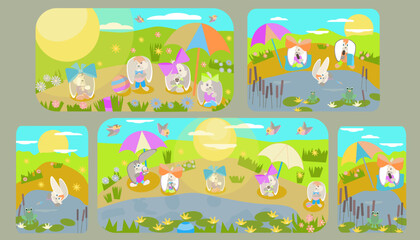 postcard rabbits sunbathe and play under the bright sun in a clearing