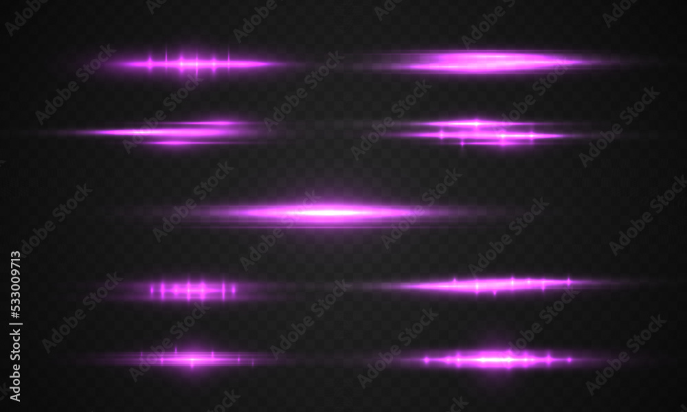 Poster purple soft horizontal neon lines and lights. set of abstract lens flares. beautiful digital flare. 
