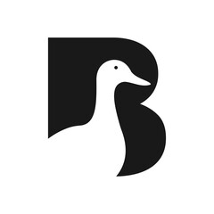 Initial Duck Logo On Letter B Negative Space Concept Vector Template