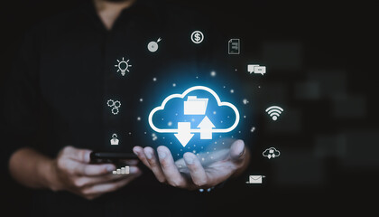Concept cloud data, Digital data download and upload digital data on cloud, Business marketing...