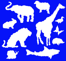 Vector clouds in the form of animals. Cartoon drawn on a blue background.