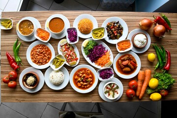 Table scene of assorted take out or delivery foods. Traditional Turkish cuisine. Various Turkish meal and appetizers. Top down view on a table. - obrazy, fototapety, plakaty