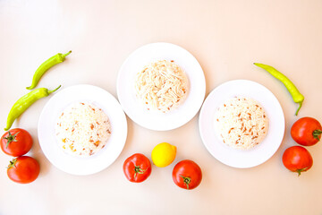 Table scene of assorted take out or delivery foods. Traditional Turkish cuisine. Various Turkish meal and appetizers. Top down view on a table.