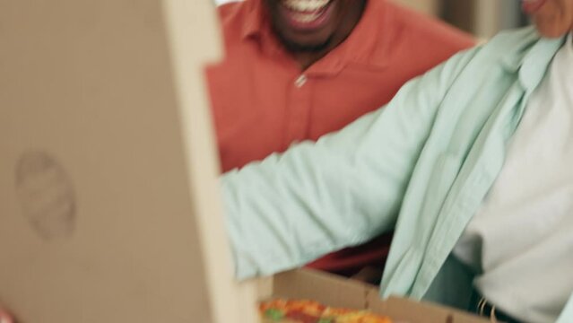 Friendship, love and relationship. Young, happy loving black African couple bonding over pizza, laughing and having some good time, tenderness. Sharing romantic moments, cheering each other up