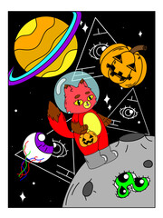 Psychedelic Halloween poster. A fox in a spacesuit on the moon, a basket in the form of a pumpkin, space, madness, surrealism, triangles with an eye.