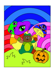 Psychedelic poster with a Frankenstein bear. Mushrooms with eyes, jack's lantern, madness, surrealism.