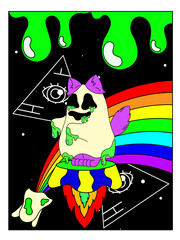Psychedelic Halloween poster. A cat in a ghost costume, an eye in a triangle, a rainbow, green goo, space, surrealism.