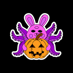 A bunny with octopus tentacles holds a pumpkin. Surrealism.