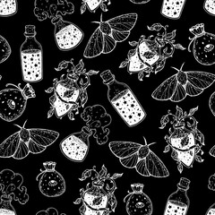 Witch's potion seamless pattern. Poison, drug, decoction sketch. Magic bottled drinks. Black and white. Hand drawn vector illustration. Witch potion vial background. Happy Halloween