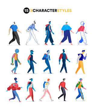 Gruppo di personaggi vettoriali realizzati in diversi stili grafici 