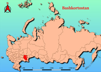 Vector Map of Russia with map of Bashkortostan  county highlighted in red