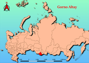 Vector Map of Russia with map of Gorno Altay county highlighted in red