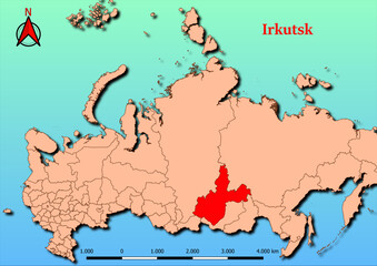 Vector Map of Russia with map of Irkutsk county highlighted in red