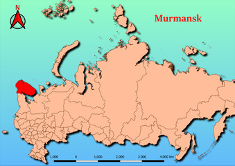 Vector Map of Russia with map of Murmansk  county highlighted in red