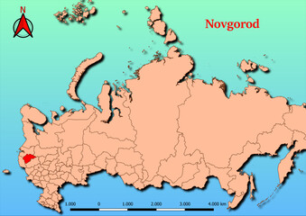 Vector Map of Russia with map of Novgorod county highlighted in red