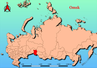 Vector Map of Russia with map of Omsk county highlighted in red