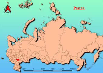 Vector Map of Russia with map of Penza county highlighted in red