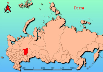 Vector Map of Russia with map of Perm county highlighted in red