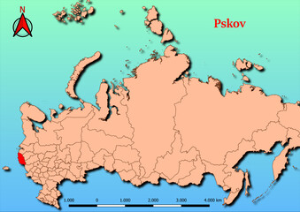 Vector Map of Russia with map of Pskov county highlighted in red