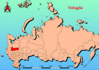 Vector Map of Russia with map of Vologda county highlighted in red