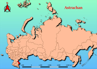 Vector Map of Russia with map of Astrachan county highlighted in red