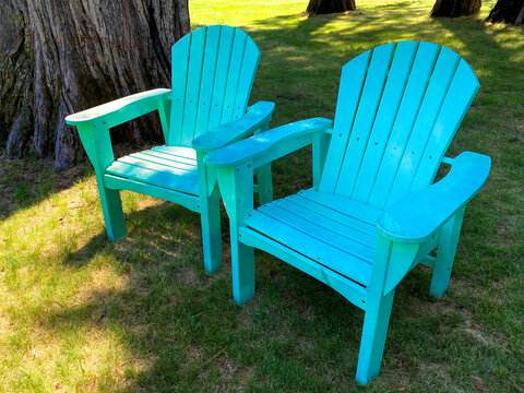 backyard lounge chairs shady relaxing green old chair seating yard grass shade trees retro design vintage style wood beach outdoors blue armchair grass lawn