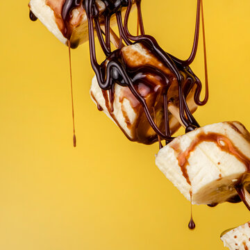 Close up banana covered with chocolate