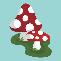 Two mushrooms in a grass, autumn illustration