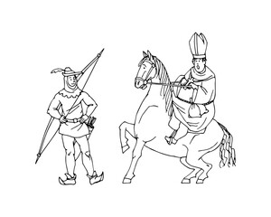 The meeting of Robin Hood and the priest. Robbery on a forest path. Vector illustration with contour lines in black ink isolated on a white background in cartoon style.