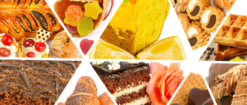 Collage.Muffin, cake, croissant and other sweet pastries isolated on white. Wide photo.