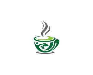 Natural Green Tea Cup With Leaves and Man Logo Design Symbol. Natural Drink In Cup Vector Illustration.