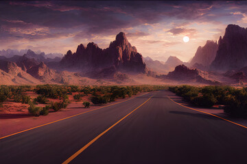 An open road winds its way to the mountains as the sun sets. 