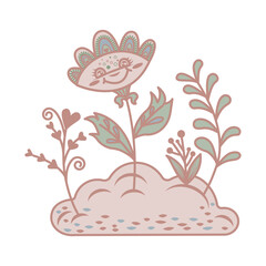 A cartoon flower grows on a cloud. Floral decorative element. Chamomile character. Vector illustration.