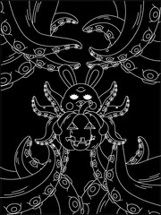 Psychedelic Halloween poster. A bunny with octopus tentacles holds a pumpkin. Surrealism. Contour.