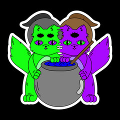 Siamese twin kittens brew a potion in witch hats.