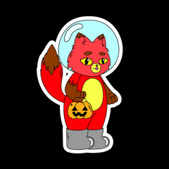 A sticker with a fox in a helmet from a spacesuit holds a basket in the form of a pumpkin. Halloween.